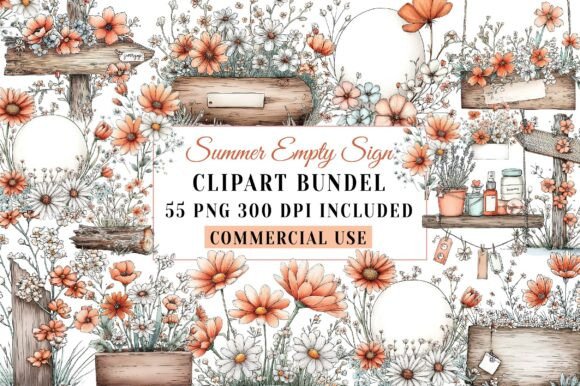 Download Summer Empty Sign &amp; Wildflowers Clipart - Premium Bundle